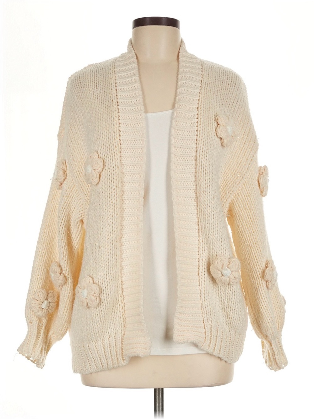Maeve Cream Floral Appliqué Open-Front Cardigan